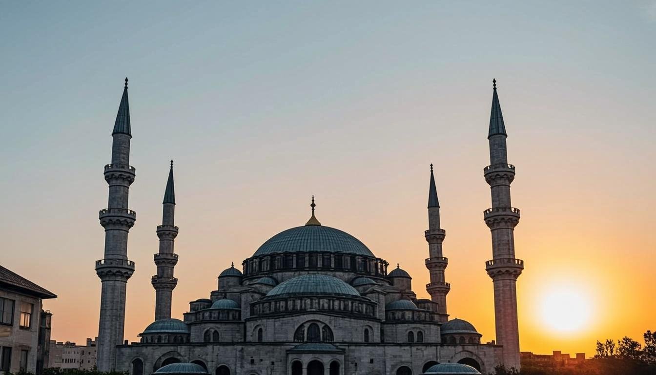 Mosque silhouettes at dawn — calm, reverent travel